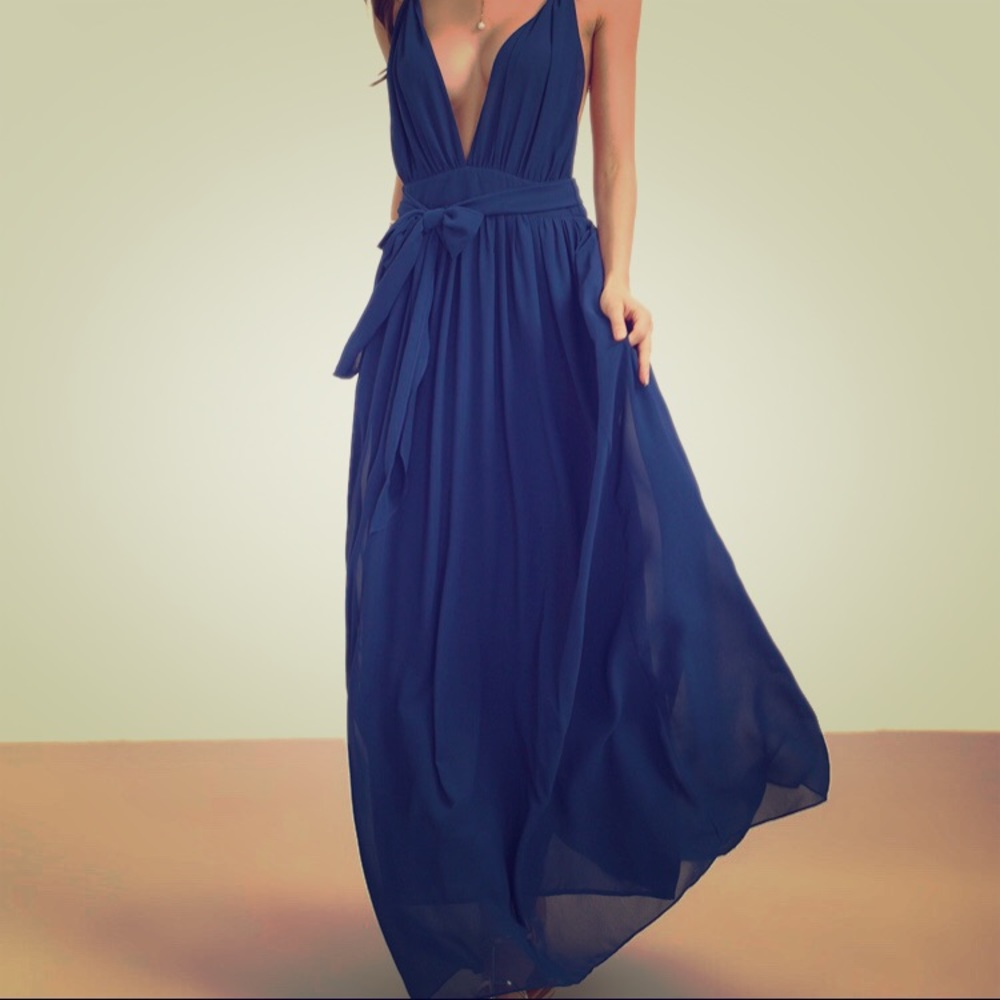 Deep V Neck Tie Waist Dress Full Length Dress